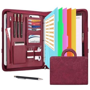Imagem de Leathario Fichário de portfólio, inclui 5 divisórias de índice de pastas, organizador de tablets de 33 cm com alça, pasta A4 de couro vegano, bloco de notas com vários bolsos, agenda de negócios e