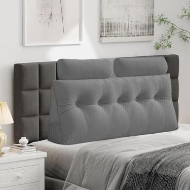 Imagem de Almofada triangular de veludo para cabeceira de cabeça, capa removível, cama de beliche, suporte de posicionamento do encosto, descanso de leitura relaxante (cinza com travesseiro de rolo, Queen (150