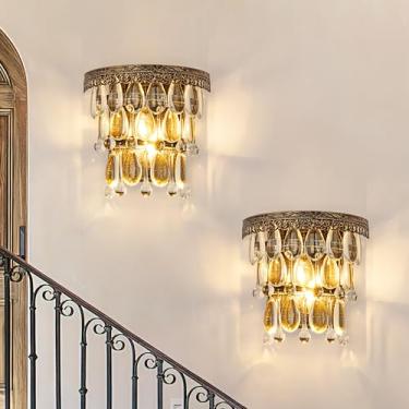 Imagem de TOCHIC Conjunto de 2 arandelas de parede, luminárias de parede bronze para quarto, lâmpada de parede vintage para casa de fazenda, arandela de parede interna para corredor, sala de estar, escadas