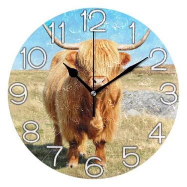 Imagem de GAIGEO Relógio de parede analógico decorativo relógio de cozinha rústico operado a bateria, decoração de parede vintage sala de estar, vaca escocesa engraçada, 25 cm, ponteiros pretos