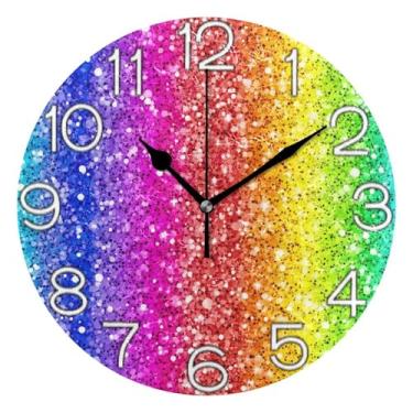 Imagem de Relógio de parede colorido gradiente arco-íris analógico decorativo escritório cozinha relógio operado por bateria, decoração de parede vintage sala de estar, 25 cm, ponteiros pretos