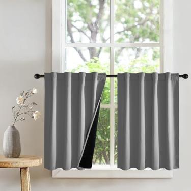 Imagem de PONY DANCE Cortinas pequenas 100% blackout para quarto, cortinas de janela com ilhós com isolamento térmico, escurecimento de quarto, cortinas cinza claro para cozinha com parte traseira preta, 86 x