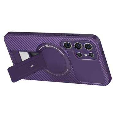 Imagem de LTLMYDAM Capa fina para Samsung Galaxy S25 Ultra/S25 Plus/S25, textura de fibra de carbono, capa magnética com suporte ajustável, proteção contra choque, roxo, S25 Plus
