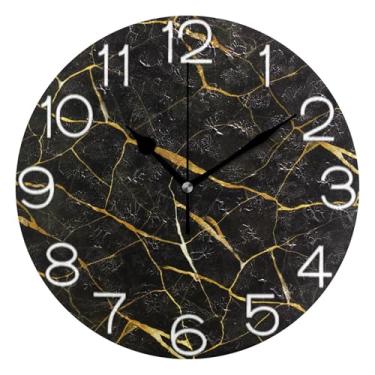 Imagem de GAIGEO Relógio de parede analógico decorativo relógio de cozinha rústico estético silencioso sem tique-taque, decoração de parede de sala de estar moderna mármore preto elegante veias douradas, 25 cm