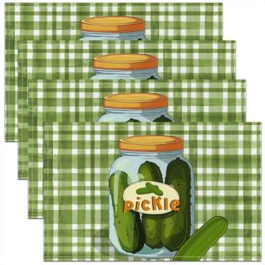 Imagem de Jogo americano de pickle de desenho animado, aquarela, verde, xadrez, estilo rústico, tapetes de cozinha para crianças, adolescentes, adultos, vegetais, naturais, selvagens, plantas, tapetes para mesa