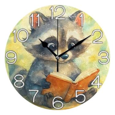 Imagem de GAIGEO Relógio de parede analógico decorativo moderno movido a bateria relógio de cozinha fofo, decoração de parede de sala de estar bonito guaxinim aquarela, 25 cm, ponteiros dourados