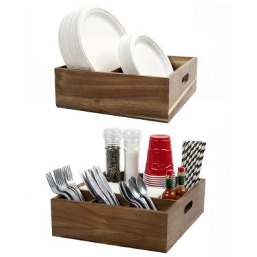 Imagem de Organizador de utensílios de madeira de acácia para festas (conjunto de 2) - Suporte de utensílios de 28 x 24 cm para festas e talheres para bancada - comporta pratos, guardanapos, copos, colheres