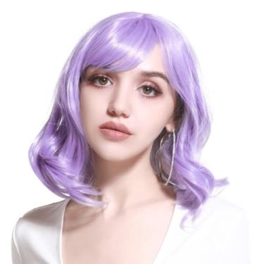 Imagem de Peruca curta Bob com franja franja ondulada cacheada perucas para mulheres sintético Pixie linda peruca falsa em camadas violeta