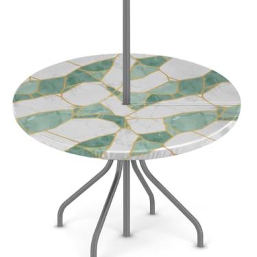Imagem de Ackutea Toalha de mesa redonda ajustada ao ar livre – toalha de mesa circular com borda elástica com orifício para guarda-chuva e zíper oculto – capa de mesa de mármore verde impermeável para mesas de