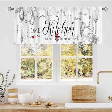Imagem de Saia de fazenda, garfo rústico e colher tábua de madeira com tema de cozinha vintage com bolso para varão de casa de campo, cortinas de janela pequenas sobre a pia para cozinha, café, sala de estar