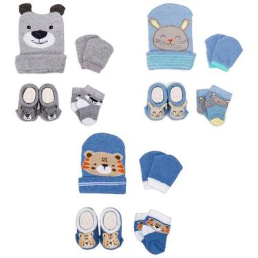 Imagem de Kit 3 Toucas Meias Luvas e Pantufas Bebê Recém Nascido Menino Saída Ma