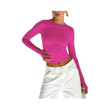 Imagem de Camiseta Cropped Feminina De Manga Longa Com Decote Redondo E Abertura