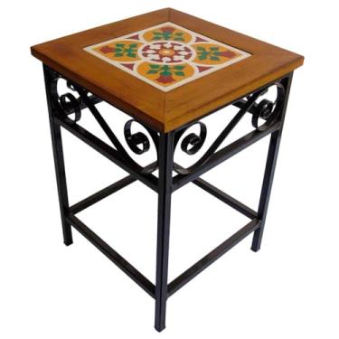 Imagem de Banco Rústico em Ferro e Madeira Maciça com Ladrilho Hidráulico – Banco Artesanal Decorativo Estilo Industrial para Cozinha, Sala e Área Gourmet (4, B1)