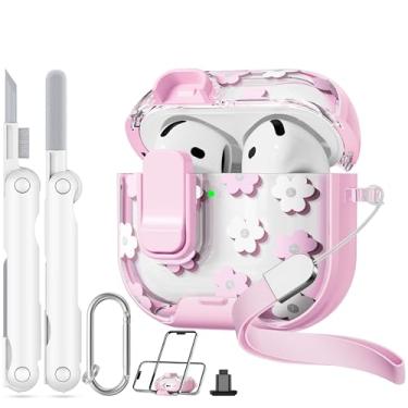 Imagem de Skyconser Capa com trava de segurança para Apple AirPods 4, capa floral transparente fofa para AirPod 4ª geração com suporte de telefone e kit de limpeza para mulheres