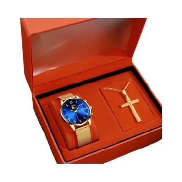 Imagem de Conjunto De Relógio De Pulso Masculino Com Cinto De Malha Dourada, Rel