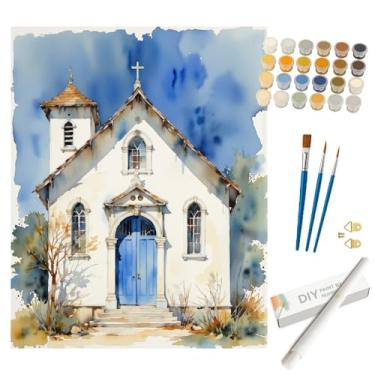 Imagem de Kit de pintura de igreja por números para adultos – Capela branca DIY com porta azul e pintura sineira enrolada em tela 40,6 x 50,8 cm, conjunto de tinta acrílica, arte para decoração de casa ou