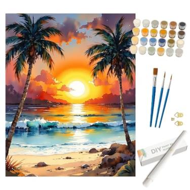 Imagem de Kit de pintura de paisagem marítima por números para adultos – DIY tropical praia pôr do sol com palmeiras pintura enrolada em tela 40,6 x 50,8 cm, conjunto de tinta acrílica para iniciantes, arte