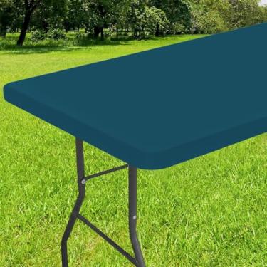 Imagem de Smiry Toalha de mesa retangular, toalhas de mesa elásticas de vinil de flanela para mesas dobráveis de 1,8 m, capas de mesa impermeáveis e limpáveis para ambientes internos, externos, acampamento e
