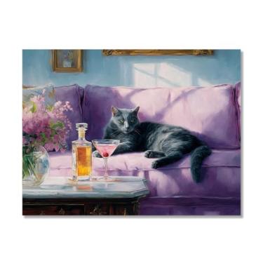 Imagem de Gato preto com Martini impressão de arte fofo gato peculiar coquetel bar decoração moderna casa cozinha arte de parede pintura em tela pôster estética (SKU4,12x16 polegadas = (30x40 cm), sem moldura)
