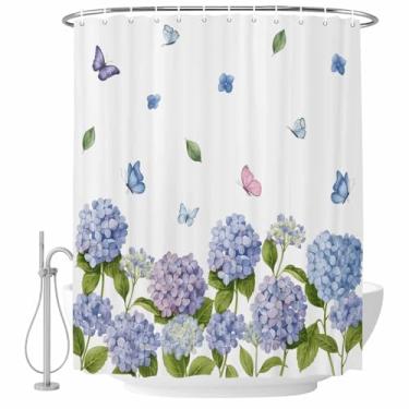 Imagem de Cortina de chuveiro azul roxa hortênsias folhas florais borboleta conjunto de cortinas de banho tecido impermeável cortina de banho para banheiro decoração de banheira acessórios de casa 182 x 182