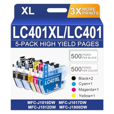 Imagem de Cartuchos de tinta LC401XL para impressora Brother LC401XL LC401 LC 401 MFC-J1010DW Cartuchos de tinta compatíveis com impressora Brother MFC-J1010DW MFC-J1170DW MFC-J1012DW, pacote com 5