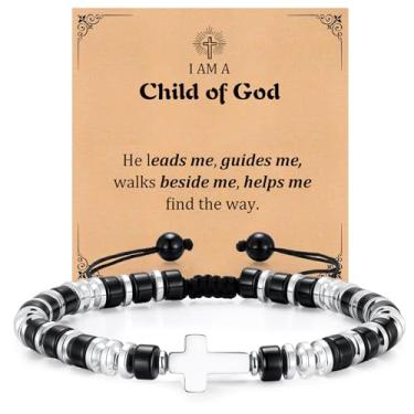 Imagem de Pulseiras masculinas com contas de cruz cristã – Pulseira masculina de ágata preta natural ajustável para confirmação de batismo e páscoa, presente legal de aniversário, dia dos namorados, pais