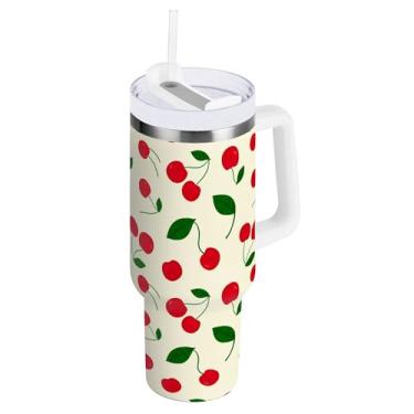 Imagem de SEHANY Copo de cereja fofo de 850 g com alça, copo isolado a vácuo de aço inoxidável de parede dupla, caneca de café à prova de vazamento, copo de viagem isolado cabe no suporte de copo de carro