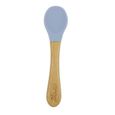 Imagem de Colher de Bambu e Silicone Azul para Bebês – Antimicrobiana