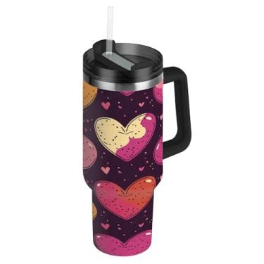 Imagem de ATTX Copo de coração de Dia dos Namorados de 1,134 g com alça, copo de aço inoxidável a vácuo de parede dupla com palha, caneca de café de viagem isolada #86