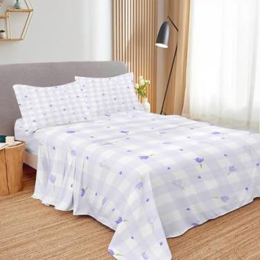 Imagem de SNcek Jogo de lençol infantil de tulipa roxa, tamanho solteiro, 4 peças, estampa quadriculada, microfibra com bolso profundo