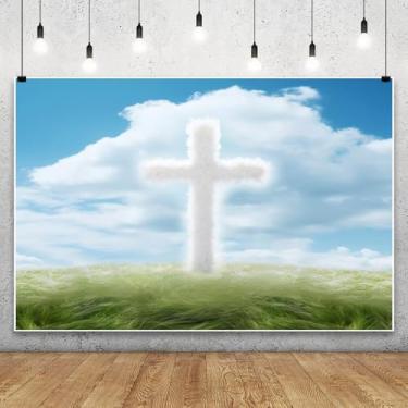 Imagem de Leowefowa Cenários de primavera com céu de Páscoa para fotografia, 3 x 2,4 m, nuvens de vinil, crucifixo brilhante, Jesus Cristo, crença, cruz, foto de fundo para igreja cristã, decoração de eventos