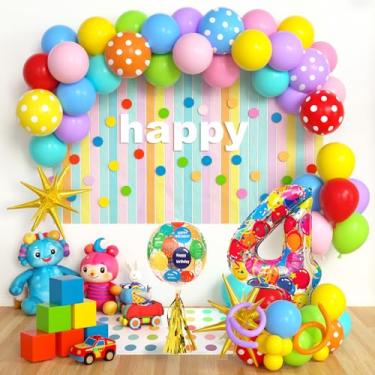 Imagem de SNLN Decorações de aniversário de 4 anos de arco-íris para meninas, enormes números 4 e 4D, feliz aniversário e estrela explosiva, borla, arco-íris, arco de balão, kit para decoração de aniversário de