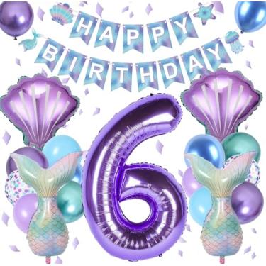 Imagem de Kit de decorações de aniversário com balão número 6, balão de concha e faixa para artigos de festa de verão com tema de aniversário e oceano