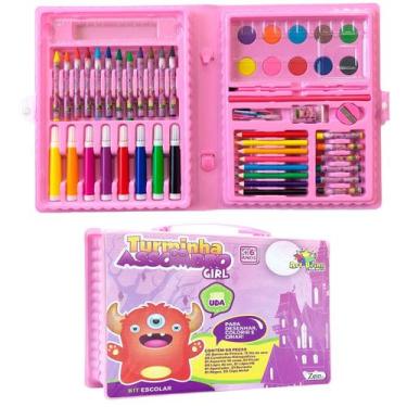 Imagem de Kit Escolar Infantil 60 Peças Maleta Rosa Para Pintar Volta Às Aulas P