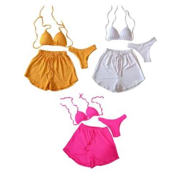 Imagem de Kit 3 Biquíni Com Short Malha Canelada Brilhante Premium - Praia - mod