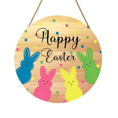 Imagem de Anyako Placa de porta amarela Happy Easter para decoração da porta da frente, placa de madeira de bolinhas coloridas de coelhinho fofo 30,5 cm x 30,5 cm redondo para decoração de porta de primavera