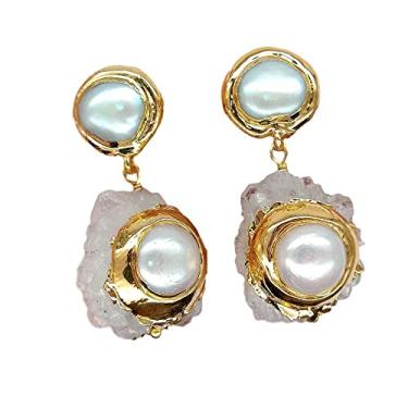 Imagem de DWBPGVUN Brincos femininos de quartzo branco cultivado em água doce e pérola aglomerada de ouro branco