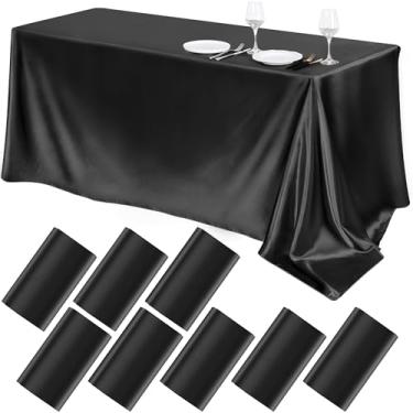 Imagem de TURSTIN Pacote com 8 toalhas de mesa de cetim preto, 250 x 137 cm, sobreposição de cetim, toalha de mesa retangular de seda brilhante, decoração de mesa de tecido liso para festas de banquete de