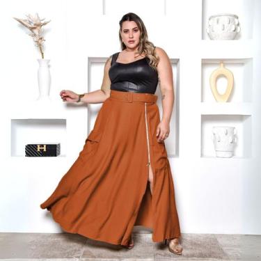 Imagem de Saia Longa Tipo Godê com Bolso Fenda Zíper E Cinto Plus Size Cor:Terra
