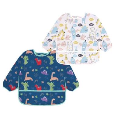 Imagem de Kit 2 Babador Manga Longa Impermeável Bebê Dino Monstro Azul - Minha E
