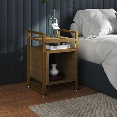 Imagem de Mesa De Cabeceira Industrial Marrocos Ferro Dourado E Tampo Freijó