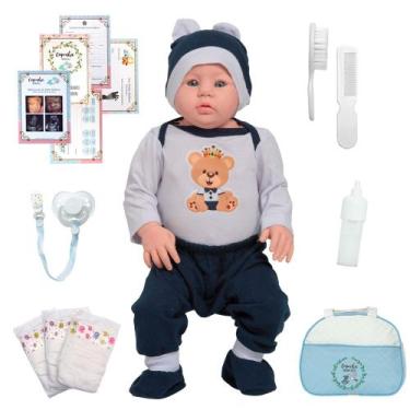 Imagem de Boneco Reborn Menino Silicone Realista Ursinho Kit Itens - Cegonha Reb