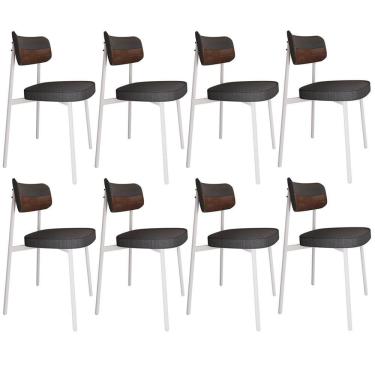 Imagem de Kit 08 Cadeiras Estofada Para Sala De Jantar Astrid Branco C01 Linho Preto Courino Whisky - Lyam Decor