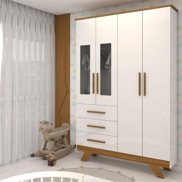 Imagem de Guarda-Roupa de Bebê Encanto 4 Portas 3 Gavetas 100% Mdf Branco Brilho/Amêndoa - Panorama Móveis