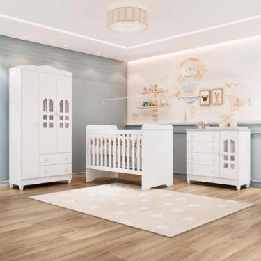 Imagem de Quarto de Bebê Guarda Roupa 3 Portas Cômoda Selena Berço 3 em 1 Gabrie