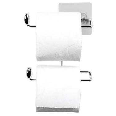 Imagem de Suporte para Papel Higiênico Duplo Aço Cromado Fixação Adesiva Parede 