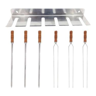 Imagem de porta espeto c/6 espetos espada e duplo 40cm cabo madeira - INOX LAURI