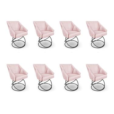 Imagem de Kit 8 Poltronas Luxo Alana Suede Rosa Bebê Base Luxo Preto - Pallazio