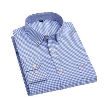 Imagem de Camisa Casual De Negócios Masculina 100% Algodão Oxford Xadrez De Mang