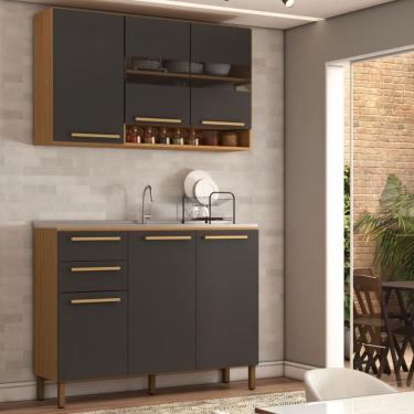 Imagem de Cozinha Compacta Notte 6 Portas 2 Gavetas 100% Mdf com Vidro Amêndoa/Cinza - Panorama M...